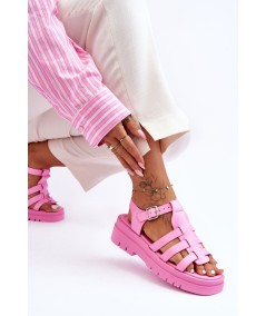 Skórzane Płaskie Sandały Z Paseczkami Różowe Diosa